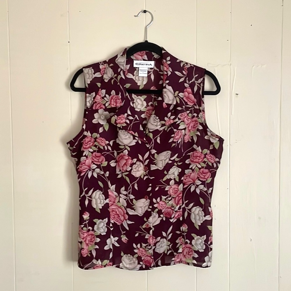 90s Grunge-Era Semi-Sheer Floral Cropped Button Down Fitted Blouse Size Large